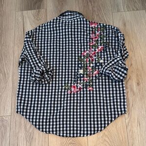 Gingham Button-down Shirt with Floral Embroidery